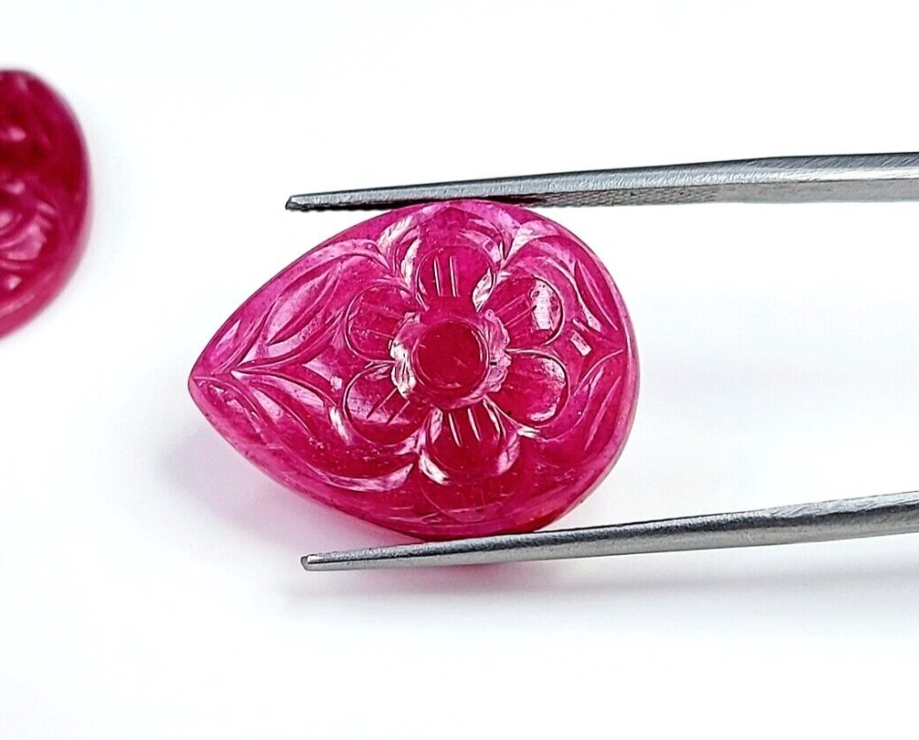 Certified Natural Ruby Pear Shape Flower Carved Gemstones Cabochon Earrings Pair
