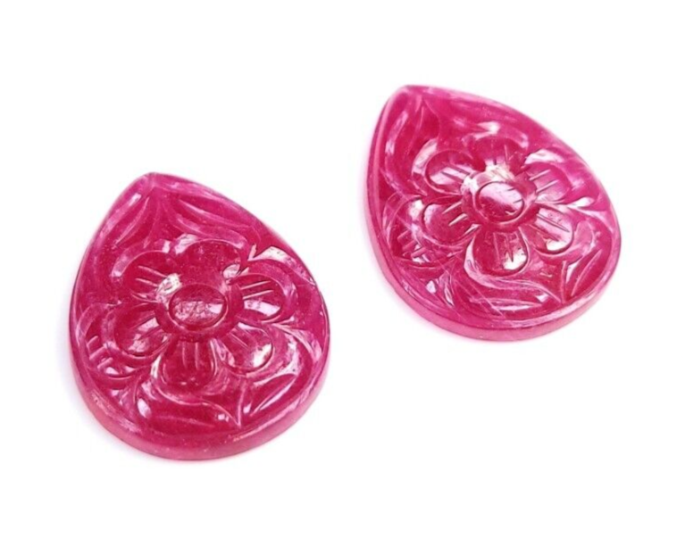 Certified Natural Ruby Pear Shape Flower Carved Gemstones Cabochon Earrings Pair
