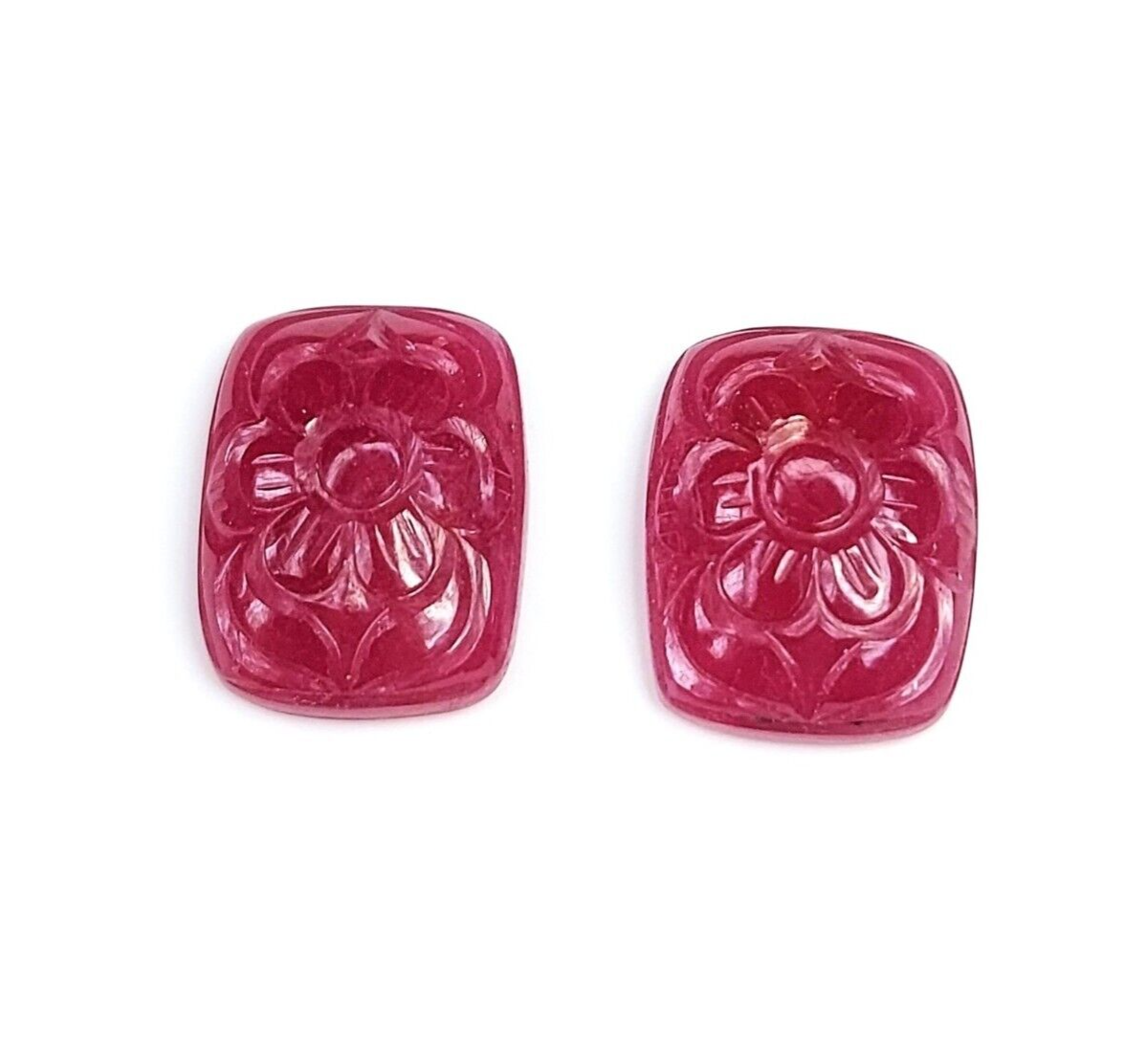 Natural Ruby Cushion Shape Flower Carved Gemstone Pair | 36.44cts