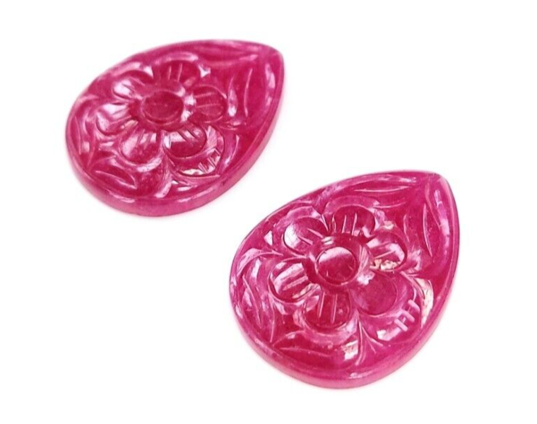Certified Natural Ruby Pear Shape Flower Carved Gemstones Cabochon Earrings Pair