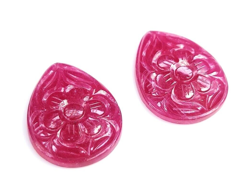 Certified Natural Ruby Pear Shape Flower Carved Gemstones Cabochon Earrings Pair
