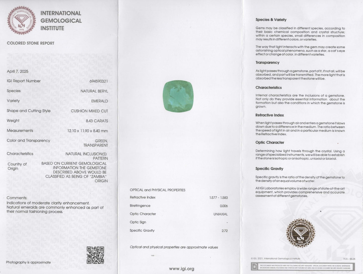 Natural Emerald Zambia Cushion 8.43 carat