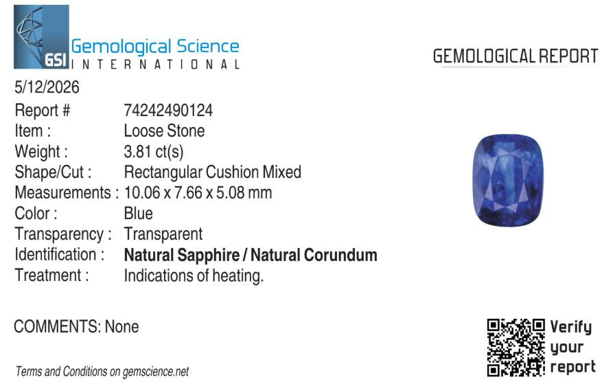 Natural Blue Sapphire Sri Lanka (Ceylon) Cushion 3.81 carat