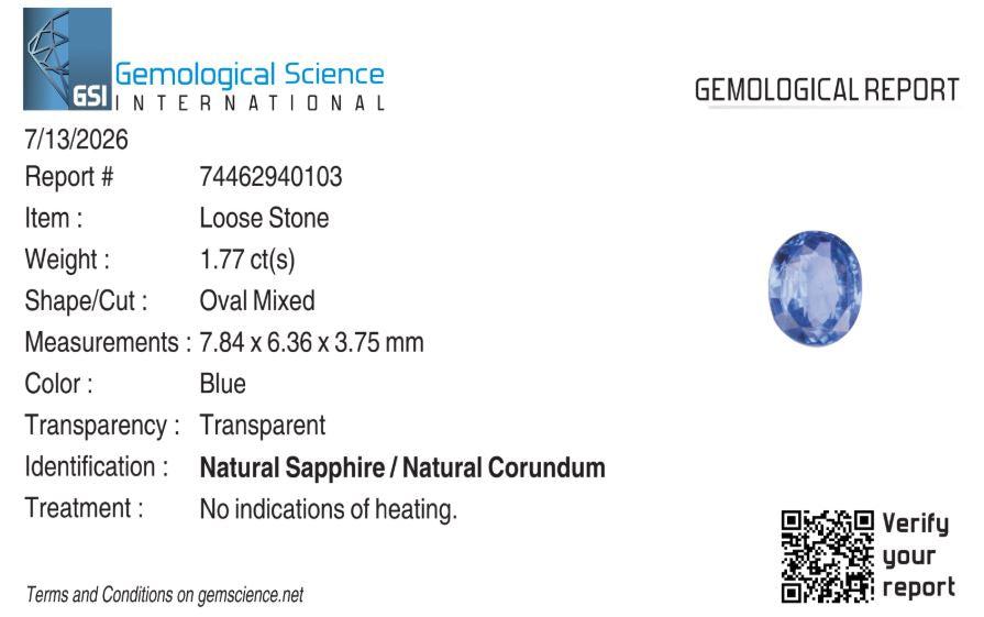 Natural Blue Sapphire Sri Lanka (Ceylon) Oval 1.77 carat