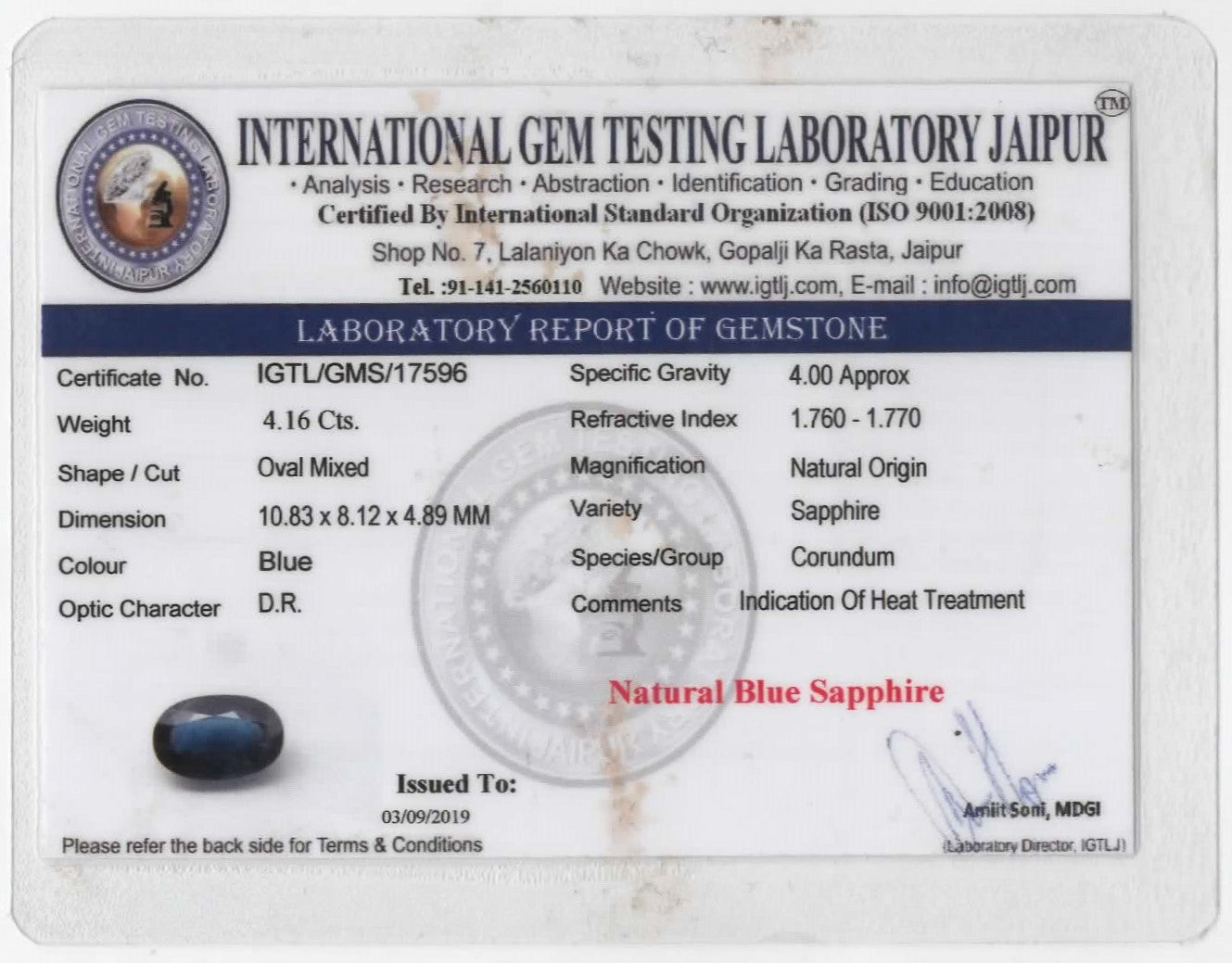 Natural Blue Sapphire Kanchanaburi Oval 4.16 carat