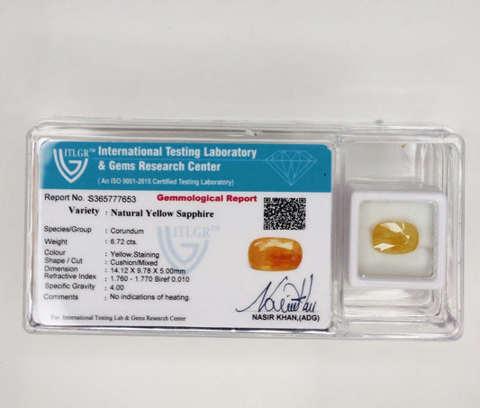 Natural Untreated Yellow Sapphire 6.72cts Cushion Shape Precious Loose Gemstone