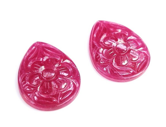 Certified Natural Ruby Pear Shape Flower Carved Gemstones Cabochon Earrings Pair