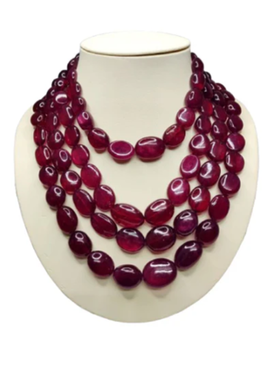 Natural Ruby Oval Shape Tumble Free Size Loose Gemstone 4 Layer Beads Necklace | 3050cts