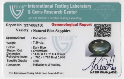 Natural Thailand Teal Blue Sapphire Oval 7.28cts