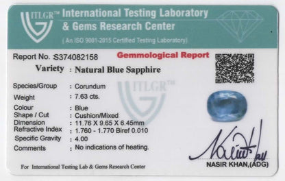 Natural Burma Blue Sapphire Cushiion 7.63cts