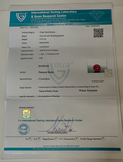 Natural Winza Tanzania Ruby Oval 4.53cts