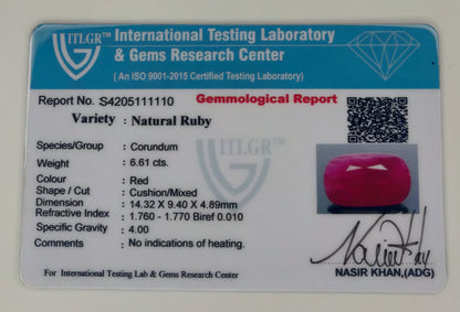 Natural Ruby Cushion 6.61cts