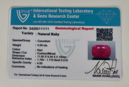 Natural Ruby Cushion 5.69cts