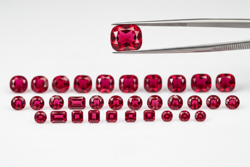Natural calibrated ruby gemstones in various sizes for jewelry making.