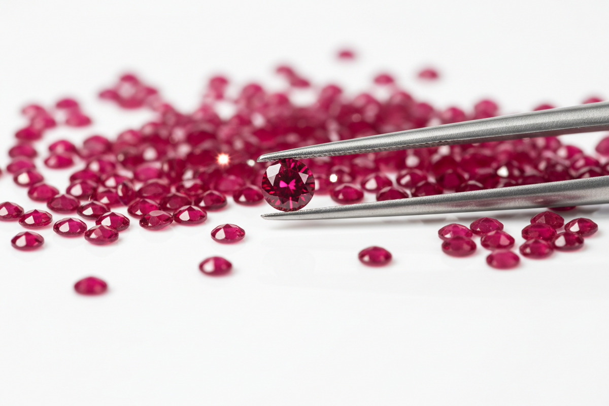 Tiny ruby melee gemstones used for jewelry making, shown with jeweler tweezers in macro view.