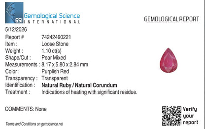 Natural Ruby Mozambique Pear 1.1 carat