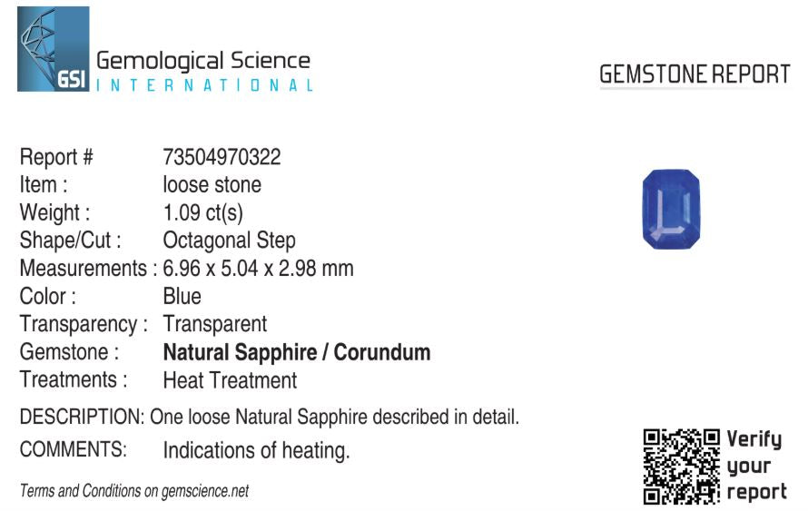 Natural Blue Sapphire Sri Lanka (Ceylon) Octagon 1.09 carat