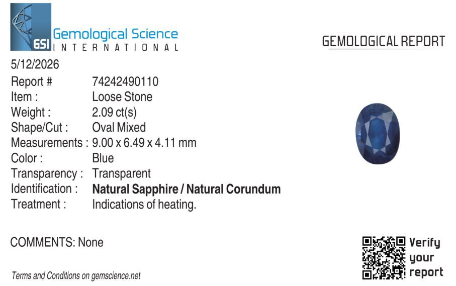 Natural Blue Sapphire Sri Lanka (Ceylon) Oval 2.09 carat