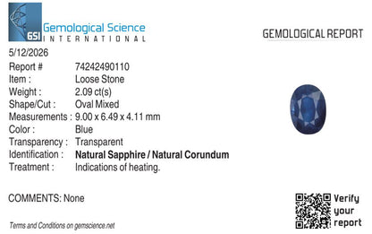 Natural Blue Sapphire Sri Lanka (Ceylon) Oval 2.09 carat
