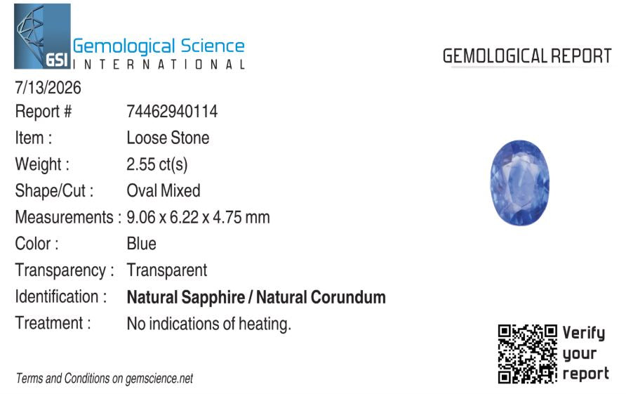 Natural Blue Sapphire Sri Lanka (Ceylon) Oval 2.55 carat