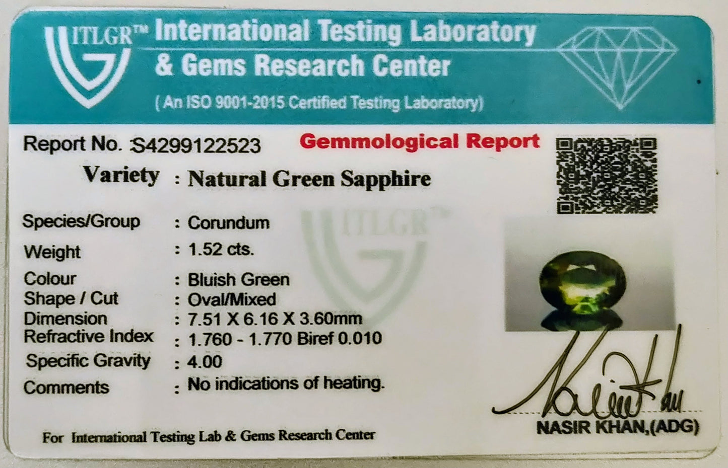 Natural Teal Sapphire Australia Oval 1.52 carat