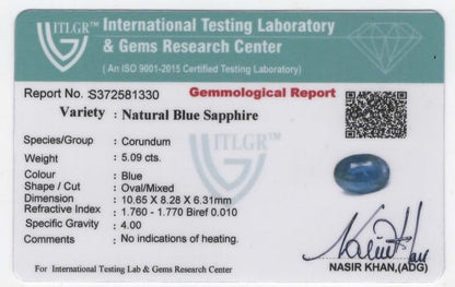Natural Blue Sapphire Sri Lanka (Ceylon) Oval 5.09 carat