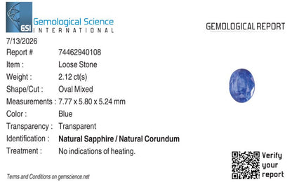 Natural Blue Sapphire Sri Lanka (Ceylon) Oval 2.12 carat