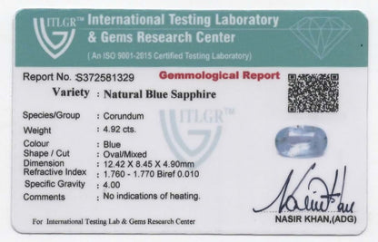 Natural Blue Sapphire Sri Lanka (Ceylon) Oval 4.92 carat