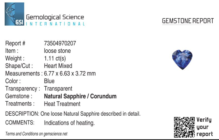 Natural Blue Sapphire Sri Lanka (Ceylon) Heart 1.11 carat
