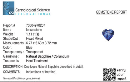 Natural Blue Sapphire Sri Lanka (Ceylon) Heart 1.11 carat