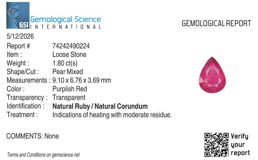 Natural Ruby Mozambique Pear 1.80 carat