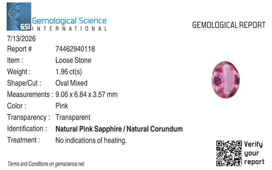 Natural Pink Sapphire Sri Lanka (Ceylon) Oval 1.96 carat