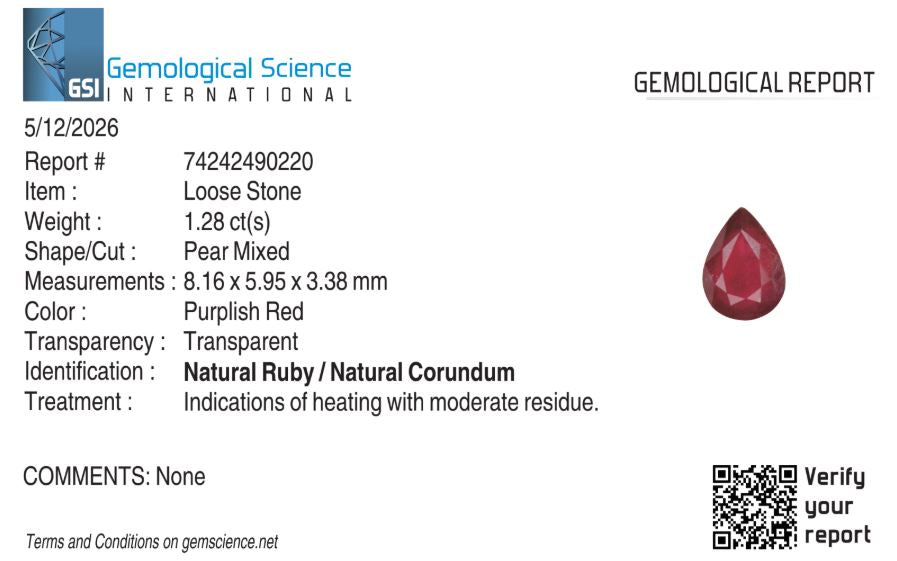 Natural Ruby Mozambique Pear 1.28 carat