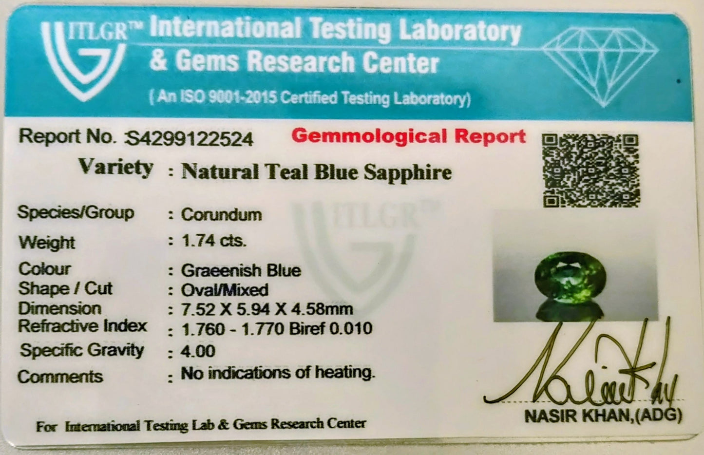 Natural Teal Sapphire Australia Oval 1.74 carat