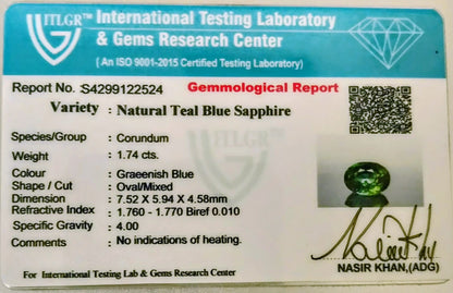 Natural Teal Sapphire Australia Oval 1.74 carat