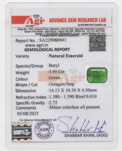 Natural Emerald Zambia  Octagon   5.95 carat