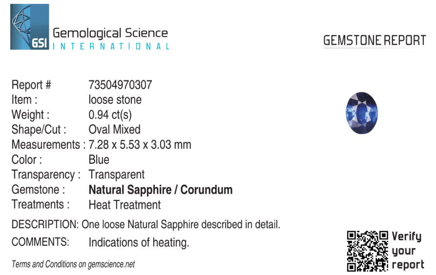 Natural Blue Sapphire Sri Lanka (Ceylon) Oval 0.94 carat