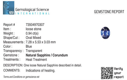 Natural Blue Sapphire Sri Lanka (Ceylon) Oval 0.94 carat