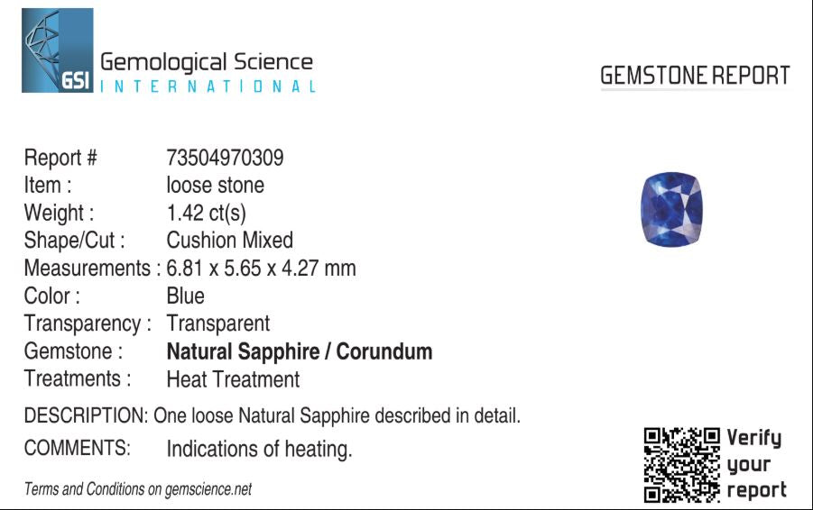 Natural Blue Sapphire Sri Lanka (Ceylon) Cushion 1.42 carat