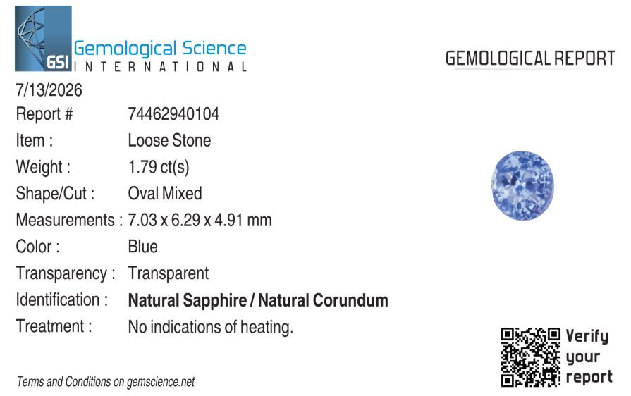 Natural Blue Sapphire Sri Lanka (Ceylon) Oval 1.79 carat