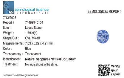 Natural Blue Sapphire Sri Lanka (Ceylon) Oval 1.79 carat