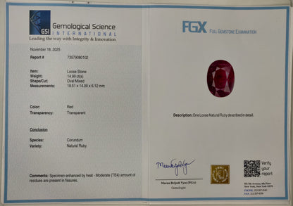 Natural Ruby Mozambique  Oval 14.99 carat