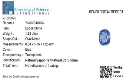 Natural Blue Sapphire Sri Lanka (Ceylon) Oval 1.82 carat