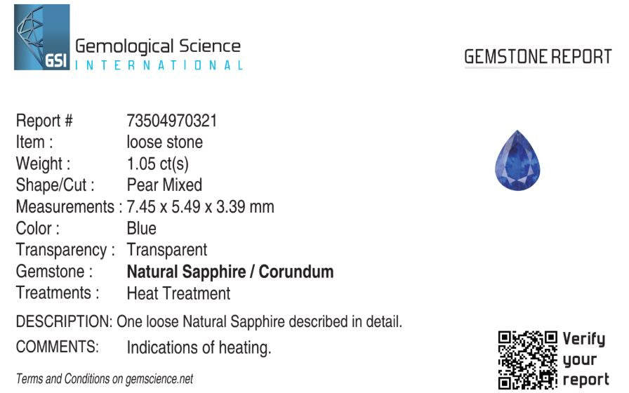 Natural Blue Sapphire Sri Lanka (Ceylon) Pear 1.05 carat