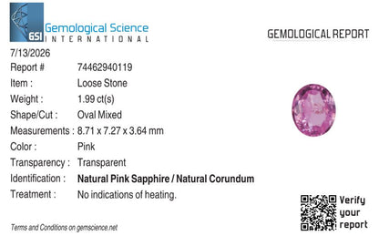 Natural Pink Sapphire Sri Lanka (Ceylon) Oval 1.99 carat
