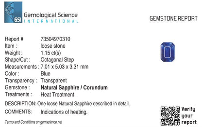 Natural Blue Sapphire Sri Lanka (Ceylon) Octagon 1.15 carat