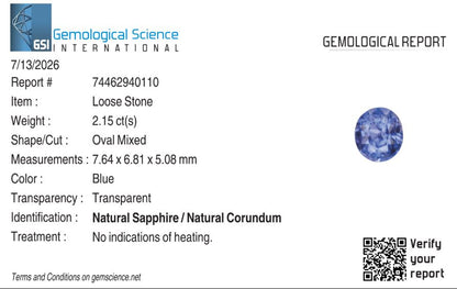 Natural Blue Sapphire Sri Lanka (Ceylon) Oval 2.15 carat