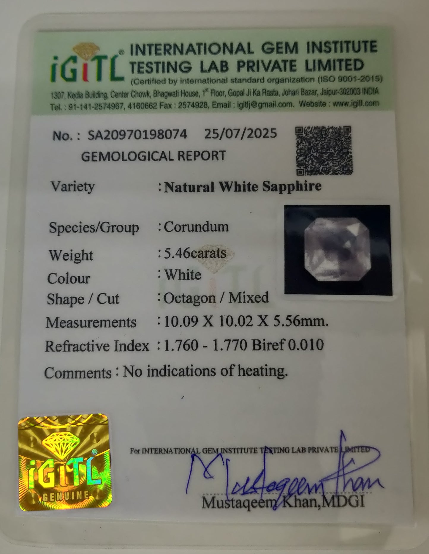 Natural White Sapphire Sri Lanka (Ceylon) Square Octagon 5.46 carat