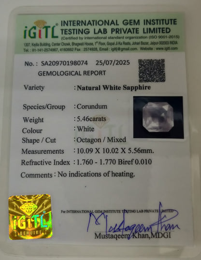 Natural White Sapphire Sri Lanka (Ceylon) Square Octagon 5.46 carat