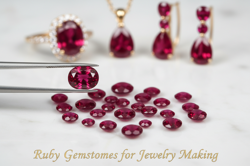 Loose ruby gemstones for jewelry making with tweezers and ruby ring, pendant, and earrings in background.